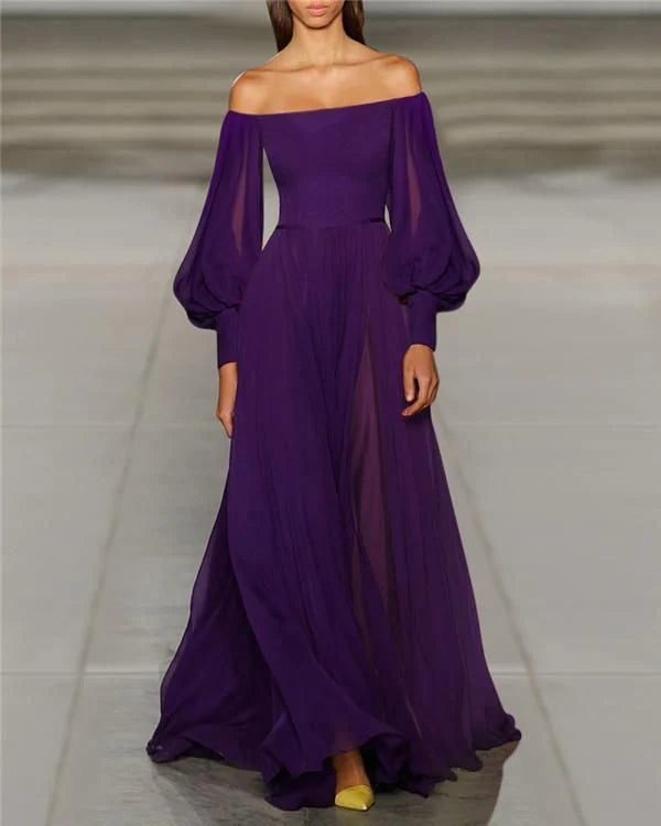 TingPo Wholesale Pretty A Line Off The Shoulder Grape Chiffon Prom Dresses Long Evening Gowns